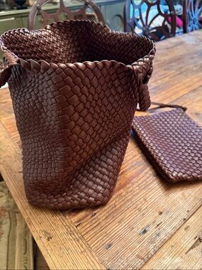 Woven Brown Bucket Bag with Matching Pouch